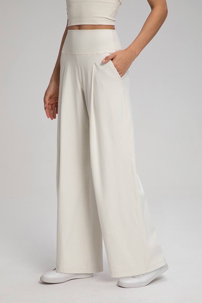 Women's High - Waisted Cream Wide - Leg Pants with Pockets, Loose Fit Trousers