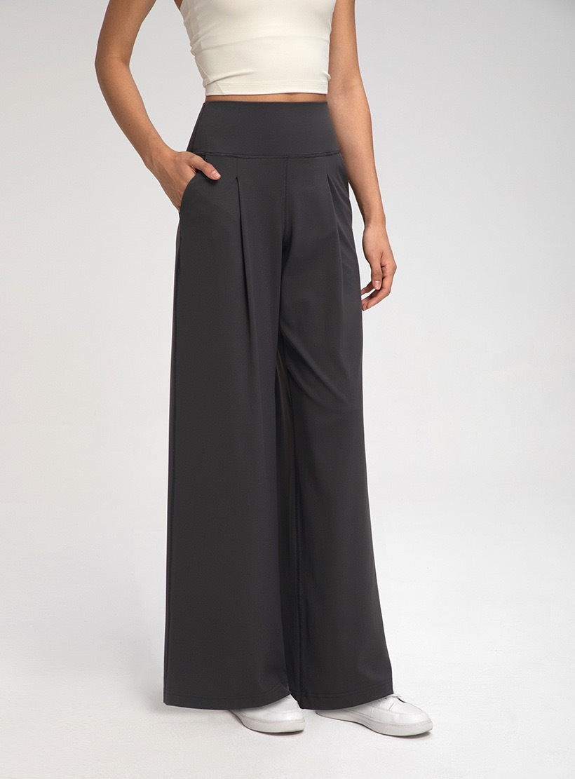 Women's High - Waisted Cream Wide - Leg Pants with Pockets, Loose Fit Trousers