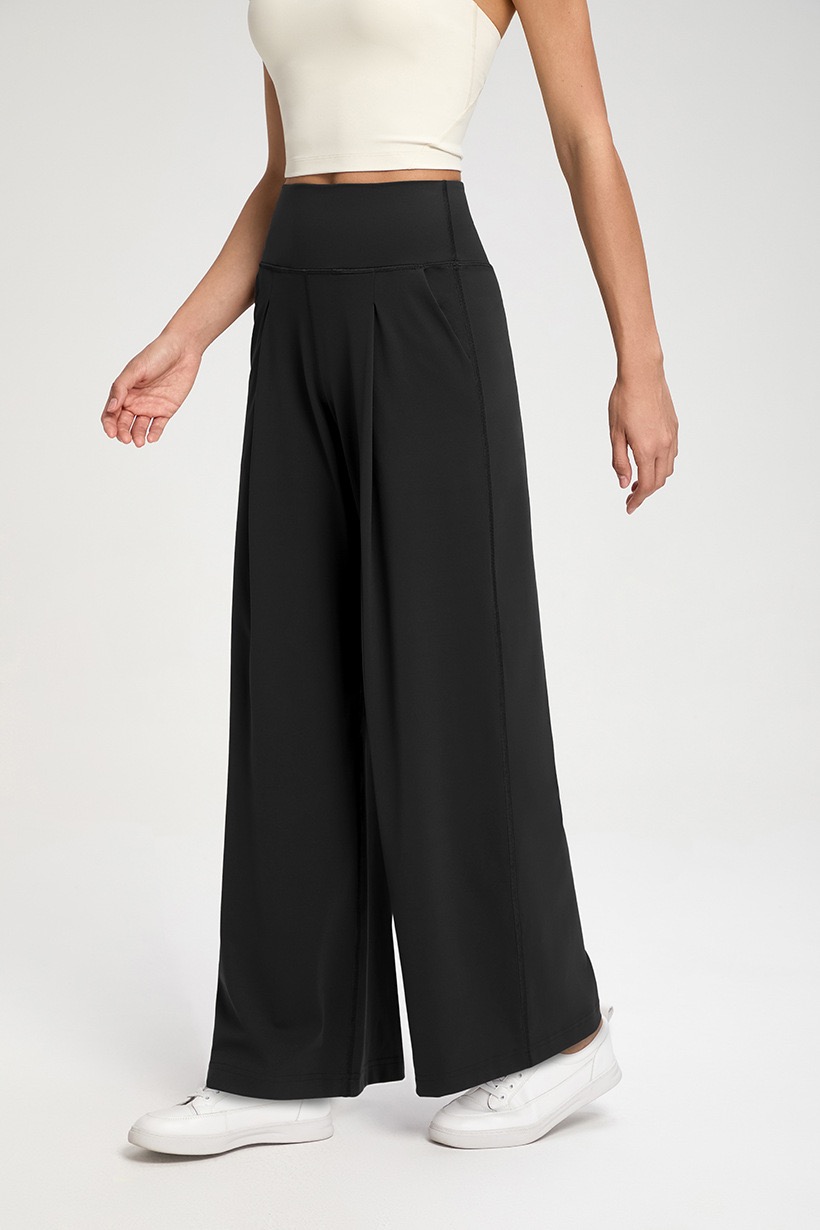 Women's High - Waisted Cream Wide - Leg Pants with Pockets, Loose Fit Trousers