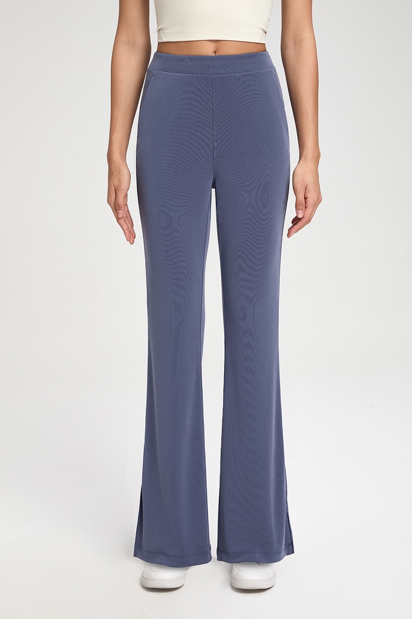 Women's High - Waisted Slate Blue Flare Yoga Pants with Side Slit, Bootcut Leggings
