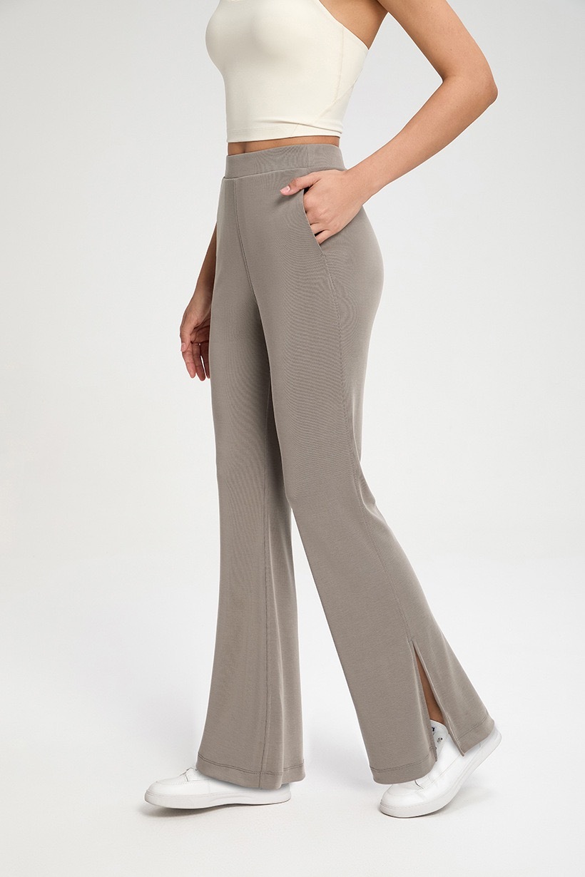 Women's High - Waisted Slate Blue Flare Yoga Pants with Side Slit, Bootcut Leggings