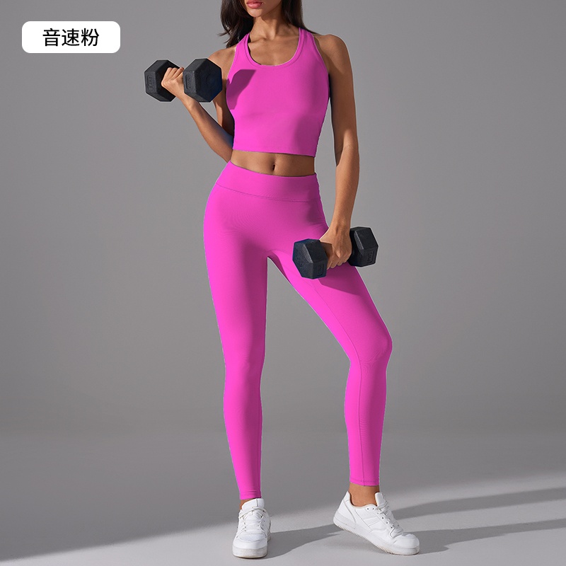 Women's Sonic Pink Racerback Crop Top & Leggings Set, Gym Workout Outfit