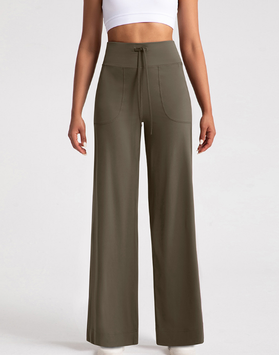 Women's Olive Green High - Waisted Wide - Leg Pants with Drawstring & Pockets