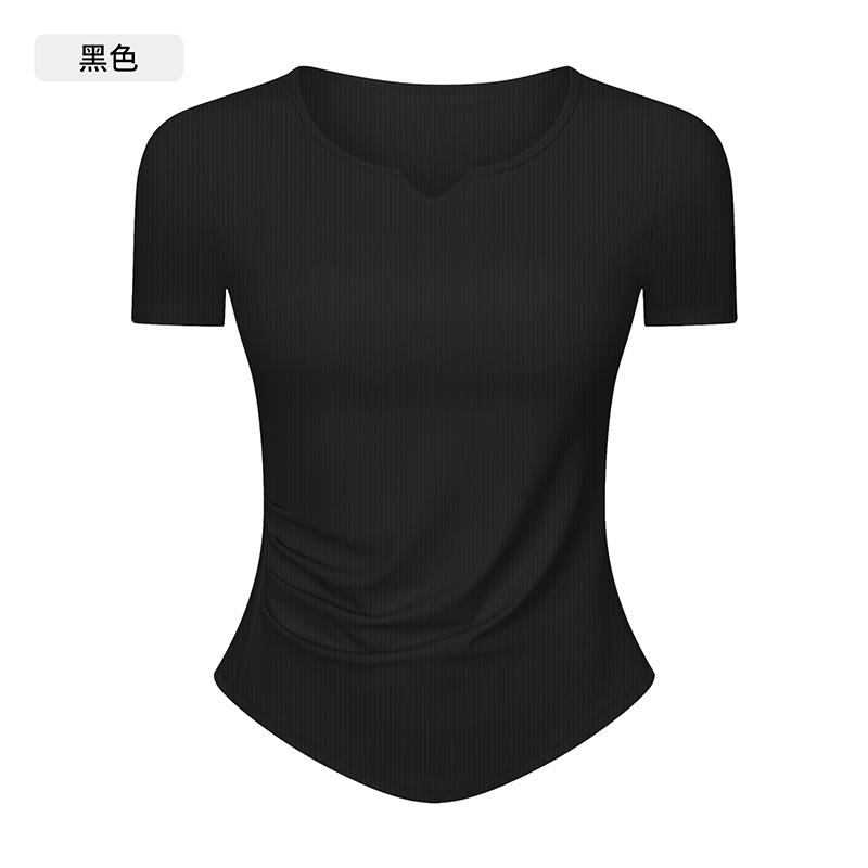 Women's Short Sleeve Notch Neck Yoga Top, Ribbed Slim Fit Workout Shirt for Gym, Pilates and Casual Wear