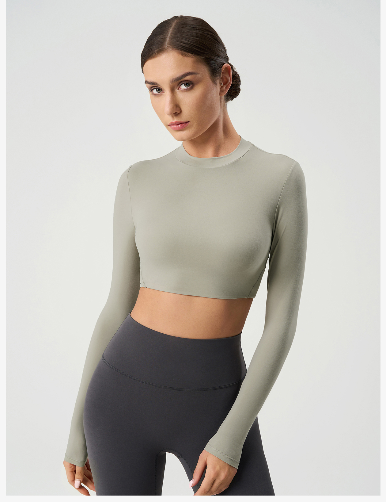 Women's Long Sleeve Crop Top, High Neck Workout Shirts, Slim Fit Athletic Yoga Top for Gym Running Fitness 