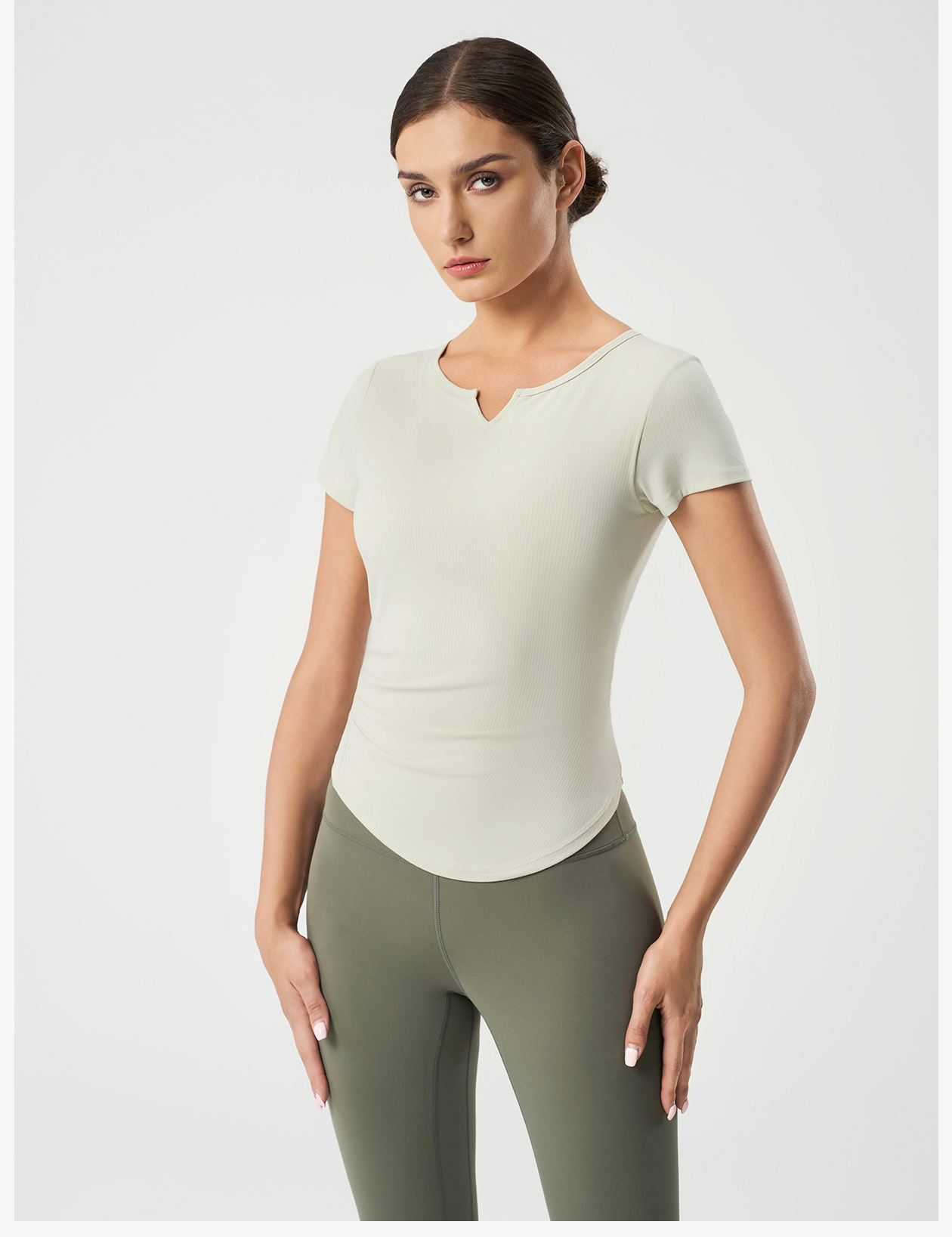 Women's Short Sleeve Notch Neck Yoga Top, Ribbed Slim Fit Workout Shirt for Gym, Pilates and Casual Wear