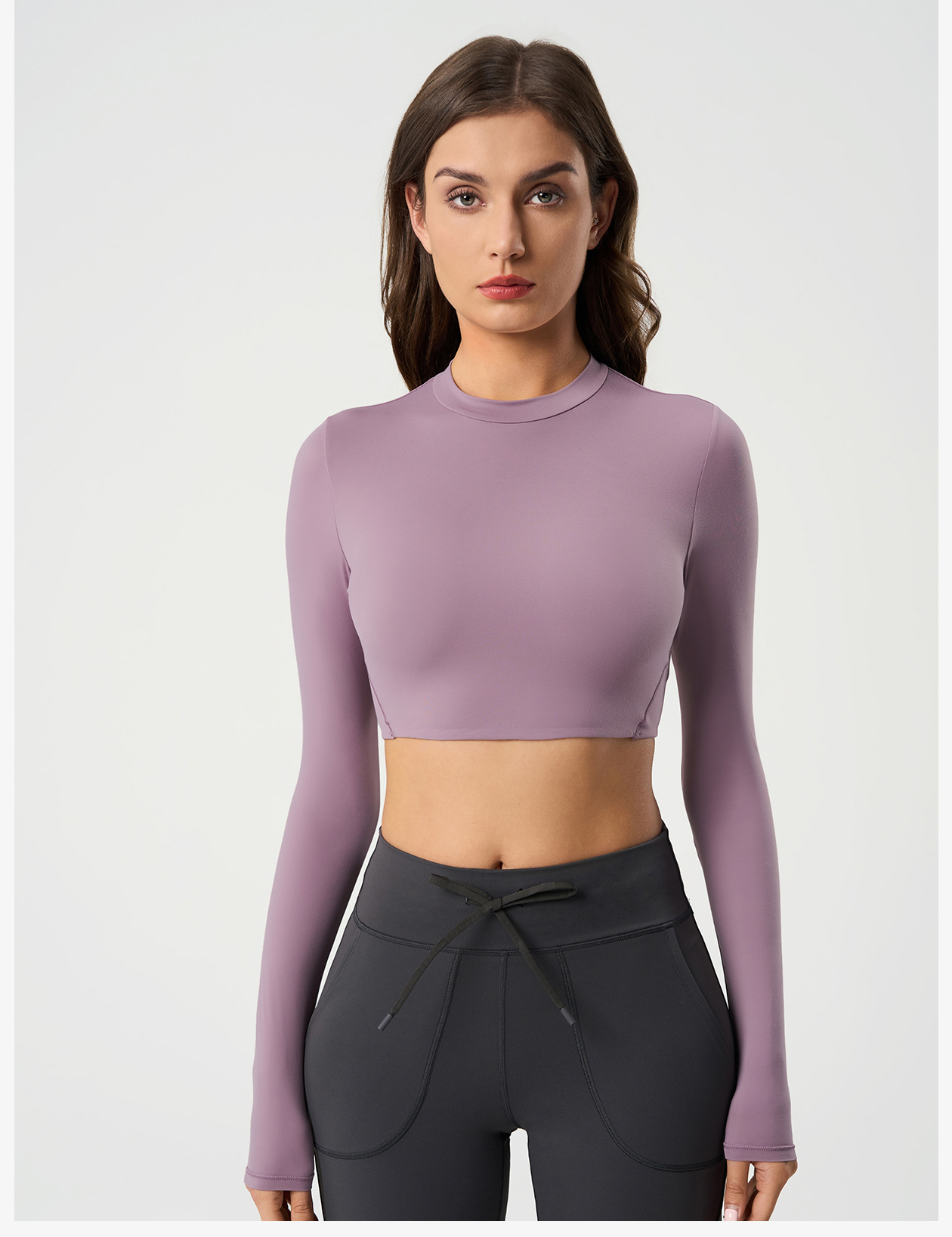 Women's Long Sleeve Crop Top, High Neck Workout Shirts, Slim Fit Athletic Yoga Top for Gym Running Fitness 