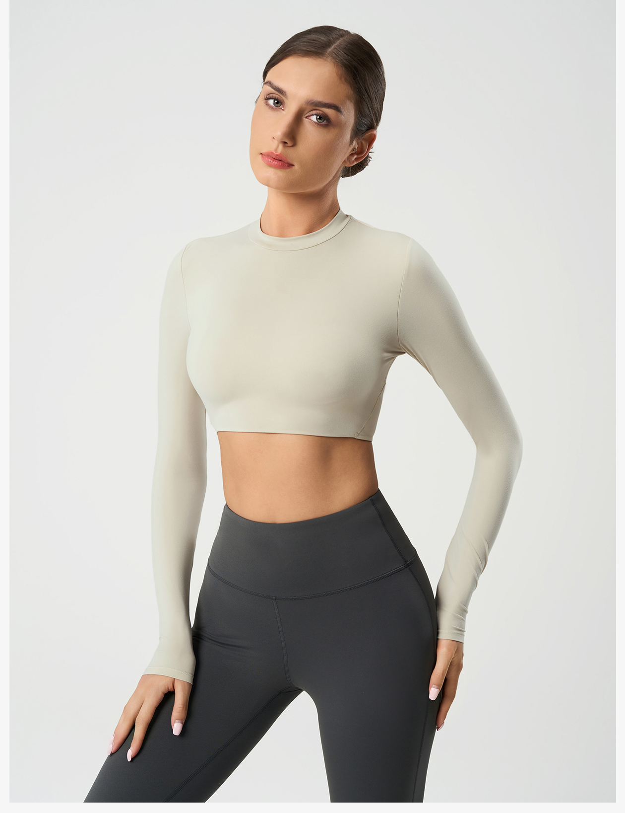Women's Long Sleeve Crop Top, High Neck Workout Shirts, Slim Fit Athletic Yoga Top for Gym Running Fitness