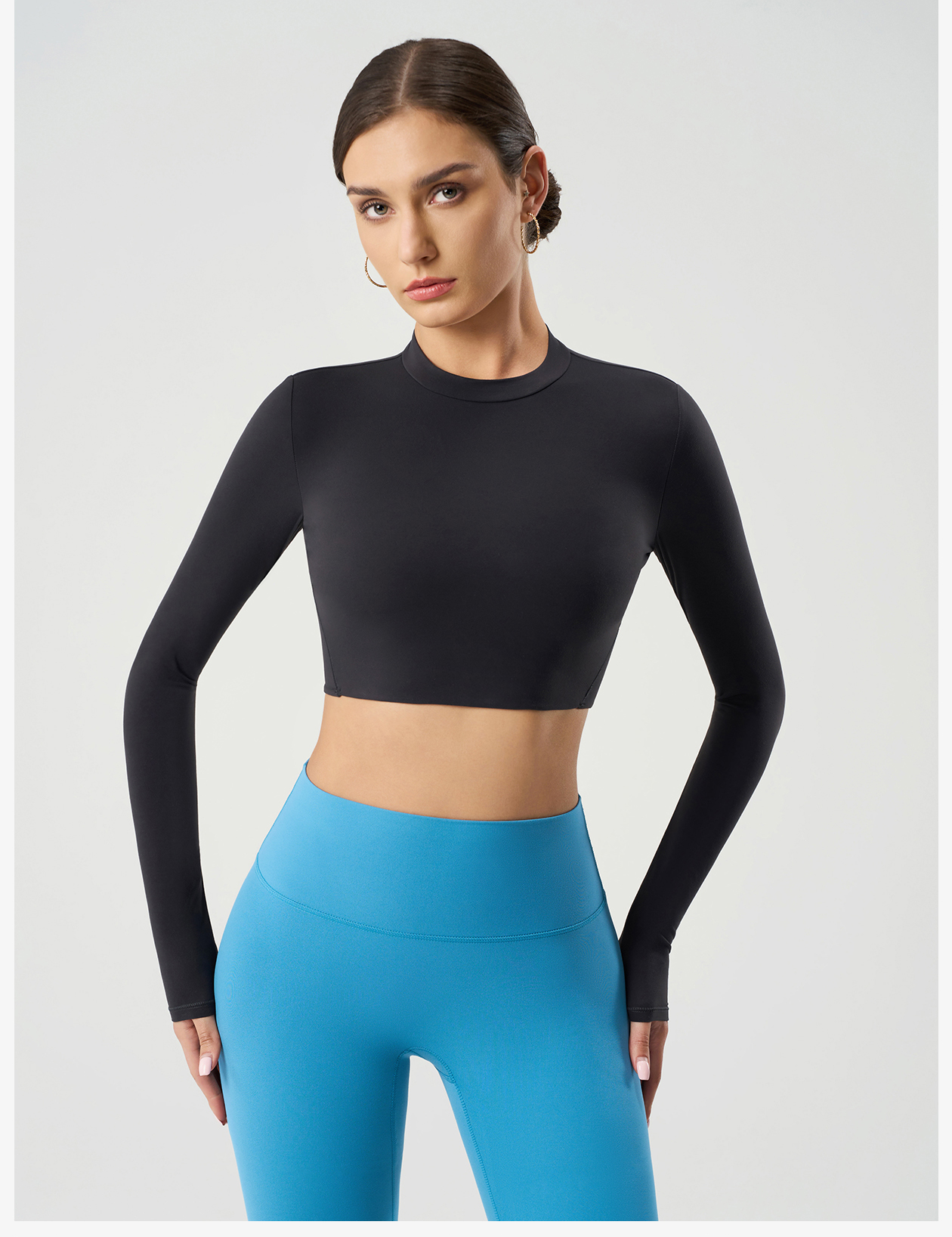 Women's Long Sleeve Crop Top, High Neck Workout Shirts, Slim Fit Athletic Yoga Top for Gym Running Fitness 