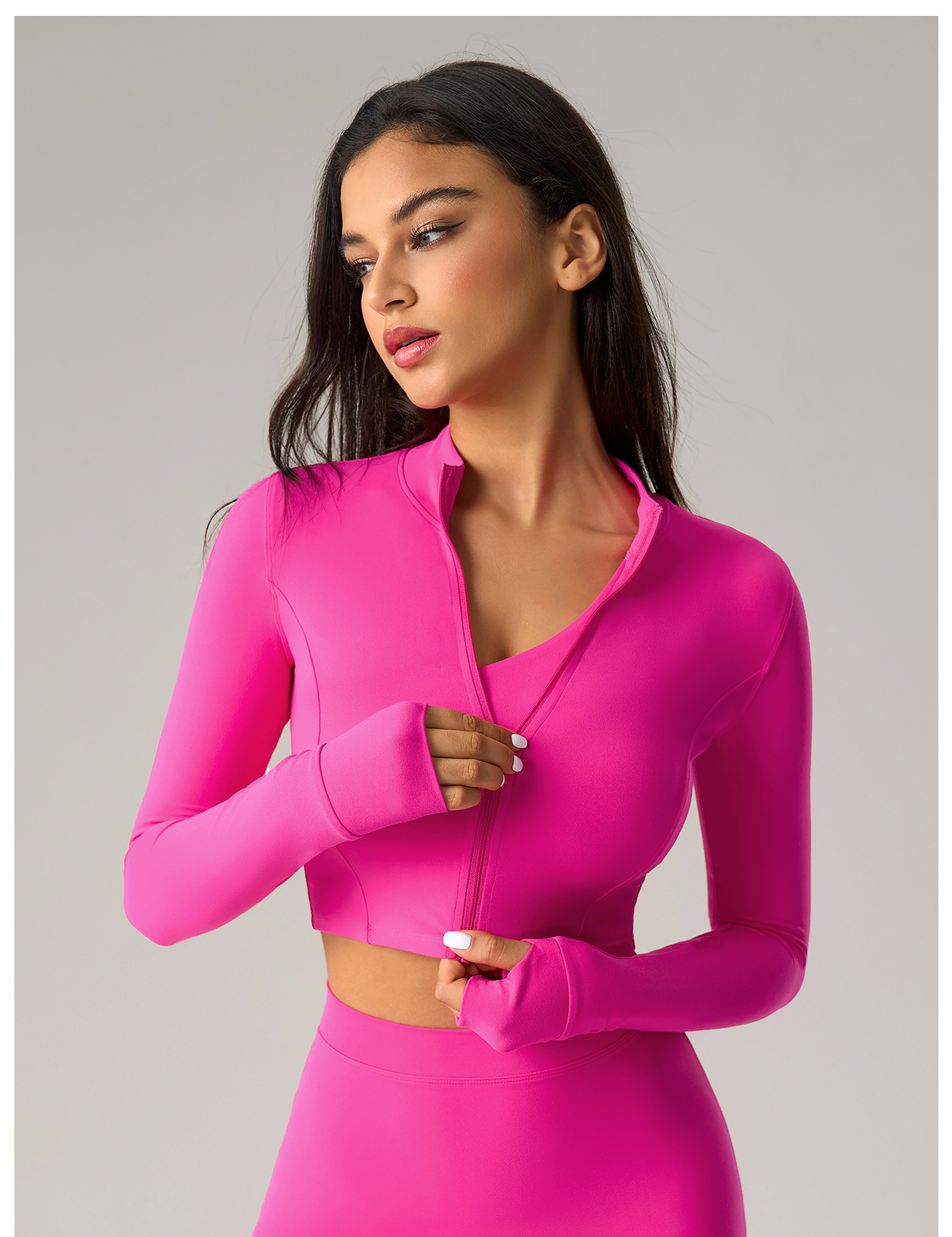 Women's Hot Pink Cropped Zip - Up Sports Jacket, Long - Sleeve Athletic Top