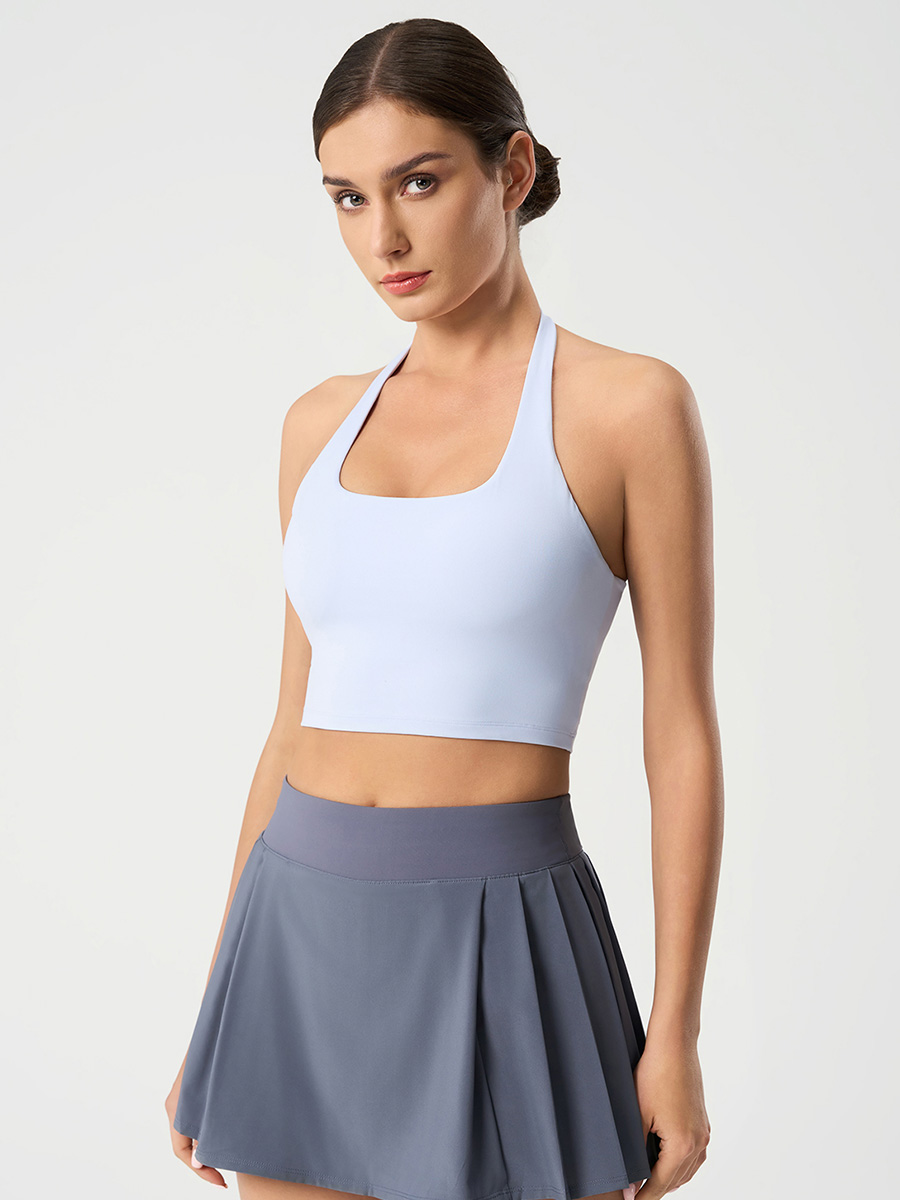 Women's Light Blue Halter Neck Sports Bra, Crop Top for Yoga, Gym & Fitness Workouts