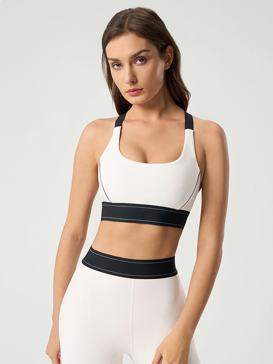 Women's White Sports Bra with Black Trim, Contrast - Strap High - Support Yoga Bra for Workouts