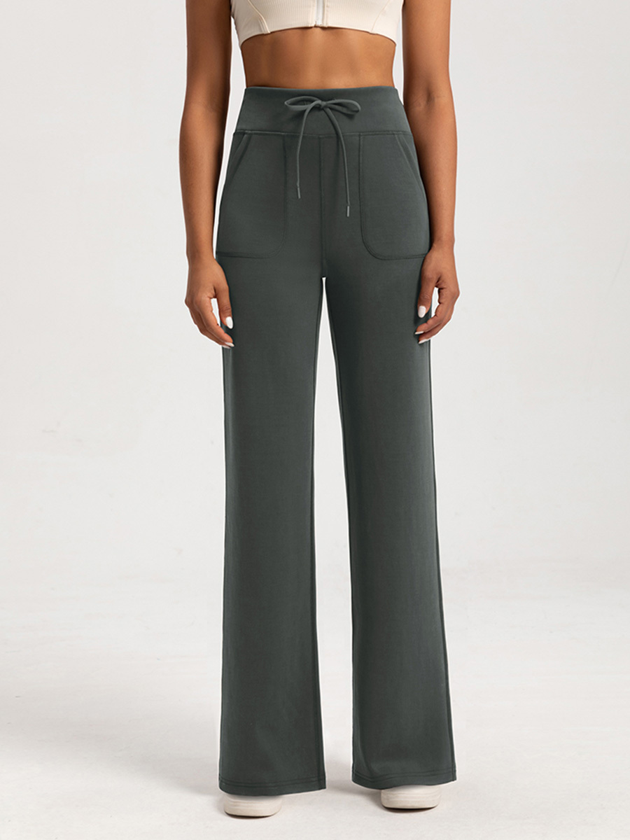 Women's High - Waisted Cream Wide - Leg Pants with Drawstring & Pockets