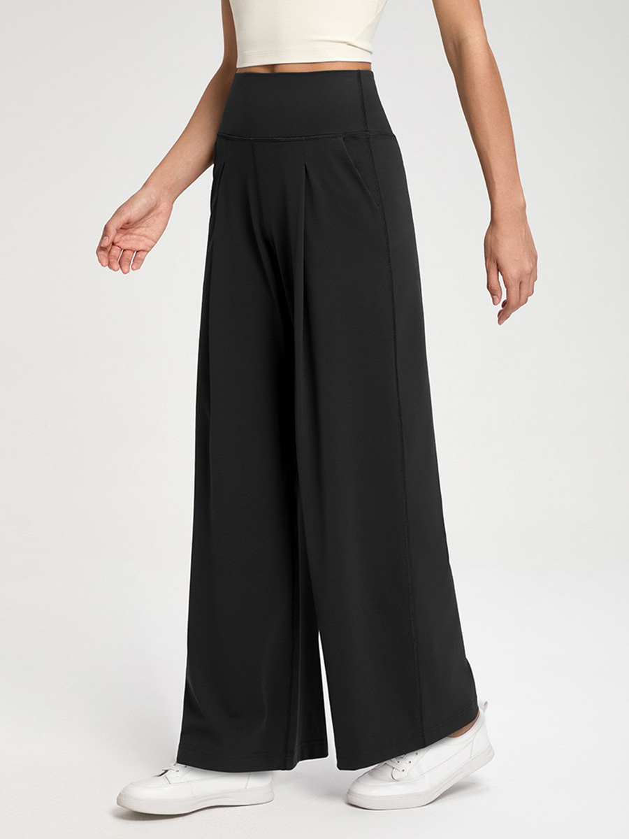 Women's High - Waisted Cream Wide - Leg Pants with Pockets, Loose Fit Trousers