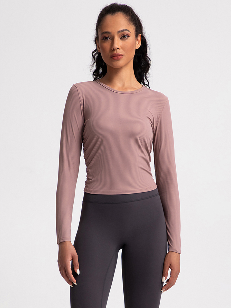 Women's Light Pink Ribbed Long - Sleeve Crop Top, Athletic Workout Shirt