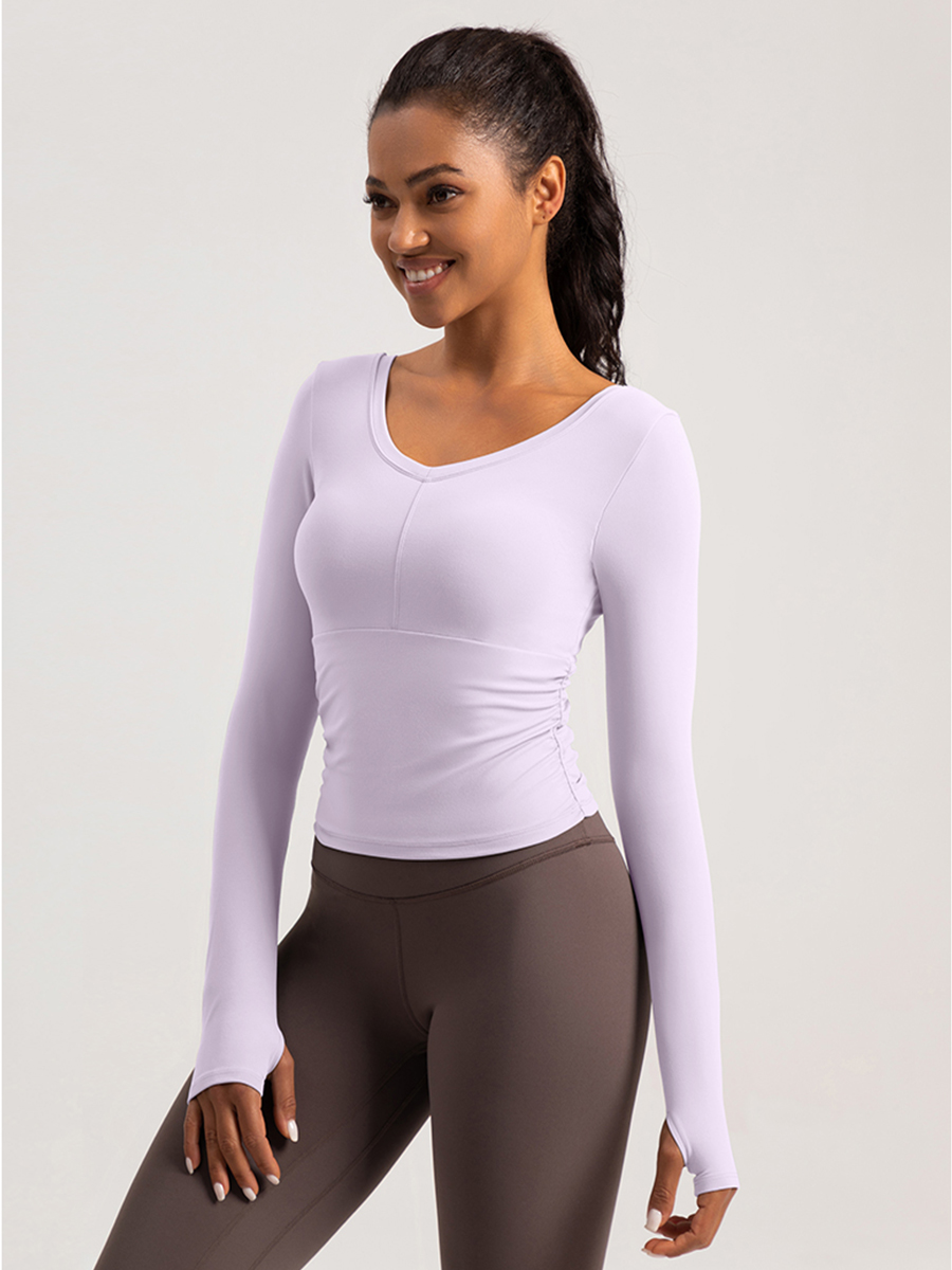 Women's Khaki V - Neck Long - Sleeve Cropped Workout Top, Athletic Yoga Shirt