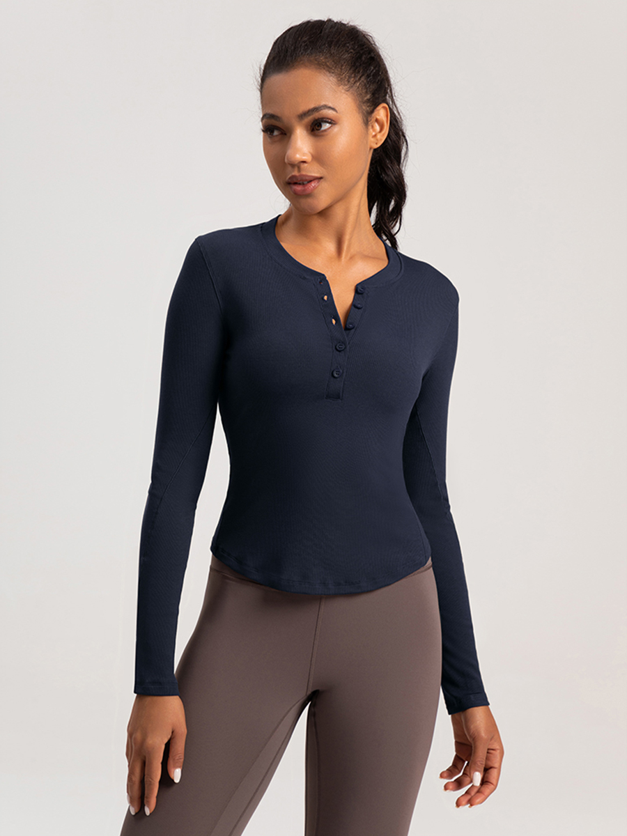 Women's White Ribbed Henley Neck Long - Sleeve Crop Top, Athletic Workout Shirt