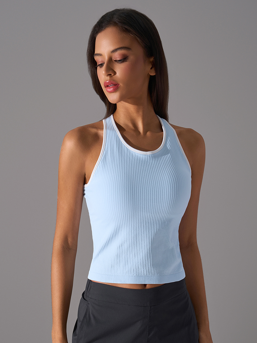 Women's Ribbed Racerback Crop Tank Top - Light Blue Sleeveless Slim Fit Athletic Workout Shirt