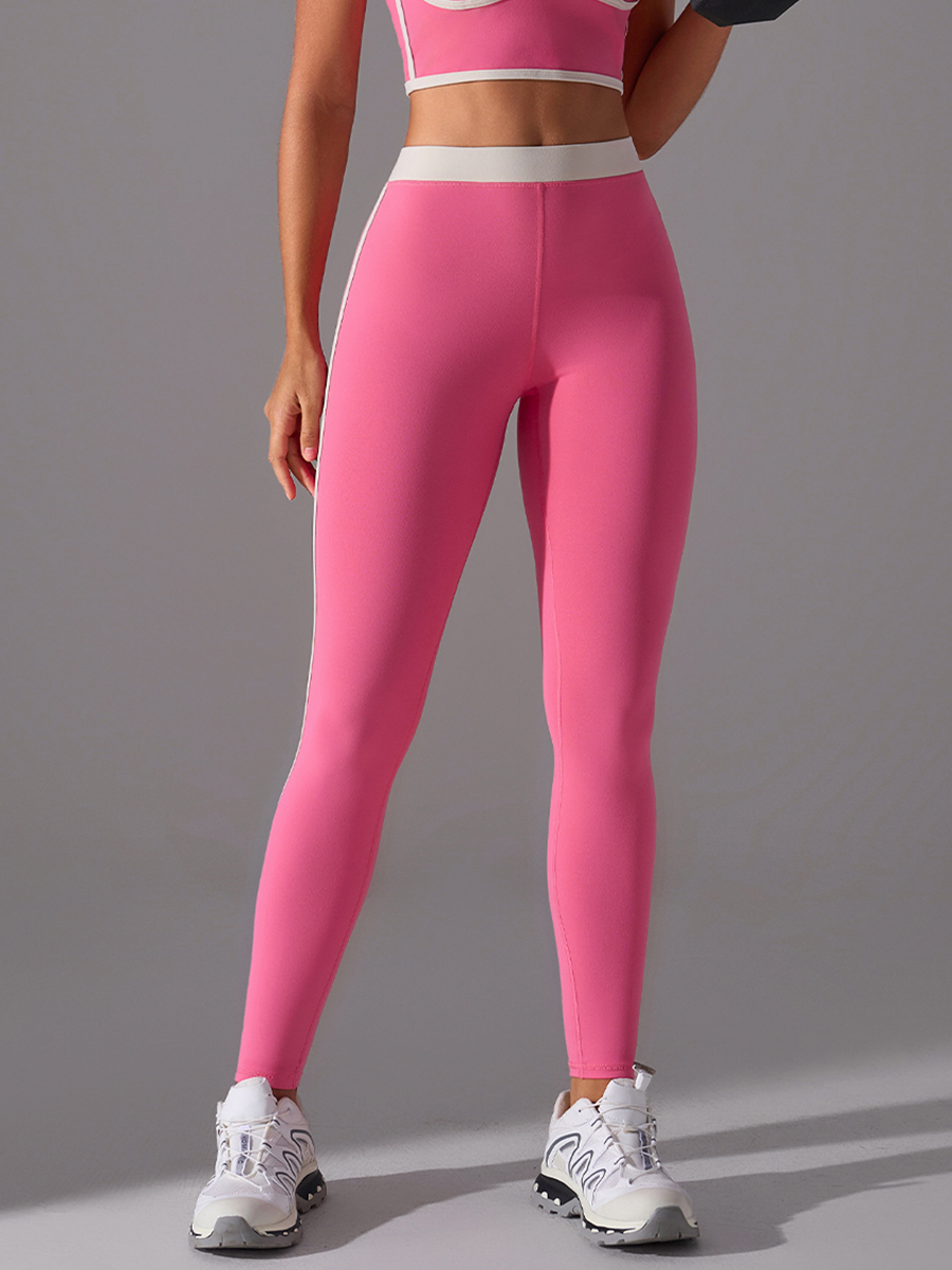 Women's High - Waisted Color - Blocked Yoga Leggings - Pink with White Stripe Athletic Workout Pants
