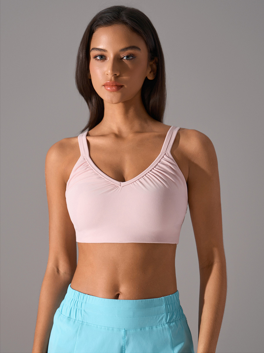 Women's Light Blue V-Neck Sports Bra - Padded Seamless Yoga Bra with Adjustable Straps for Workout, Fitness, and Everyday Wear