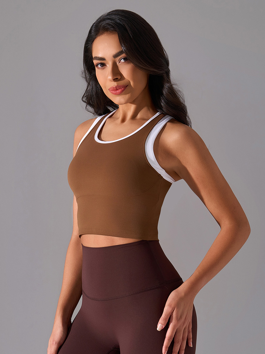 Women's Brown Contrast Trim Sports Bra - Racerback Crop Tank Top for Yoga, Workout, and Fitness