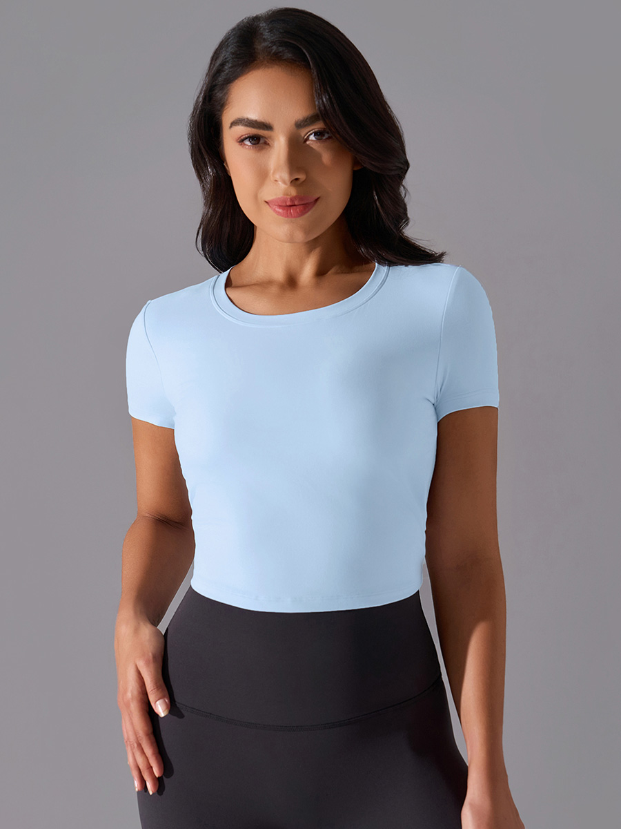 Women's Pink Crop Top, Short Sleeve Crew Neck Athletic Yoga Shirt