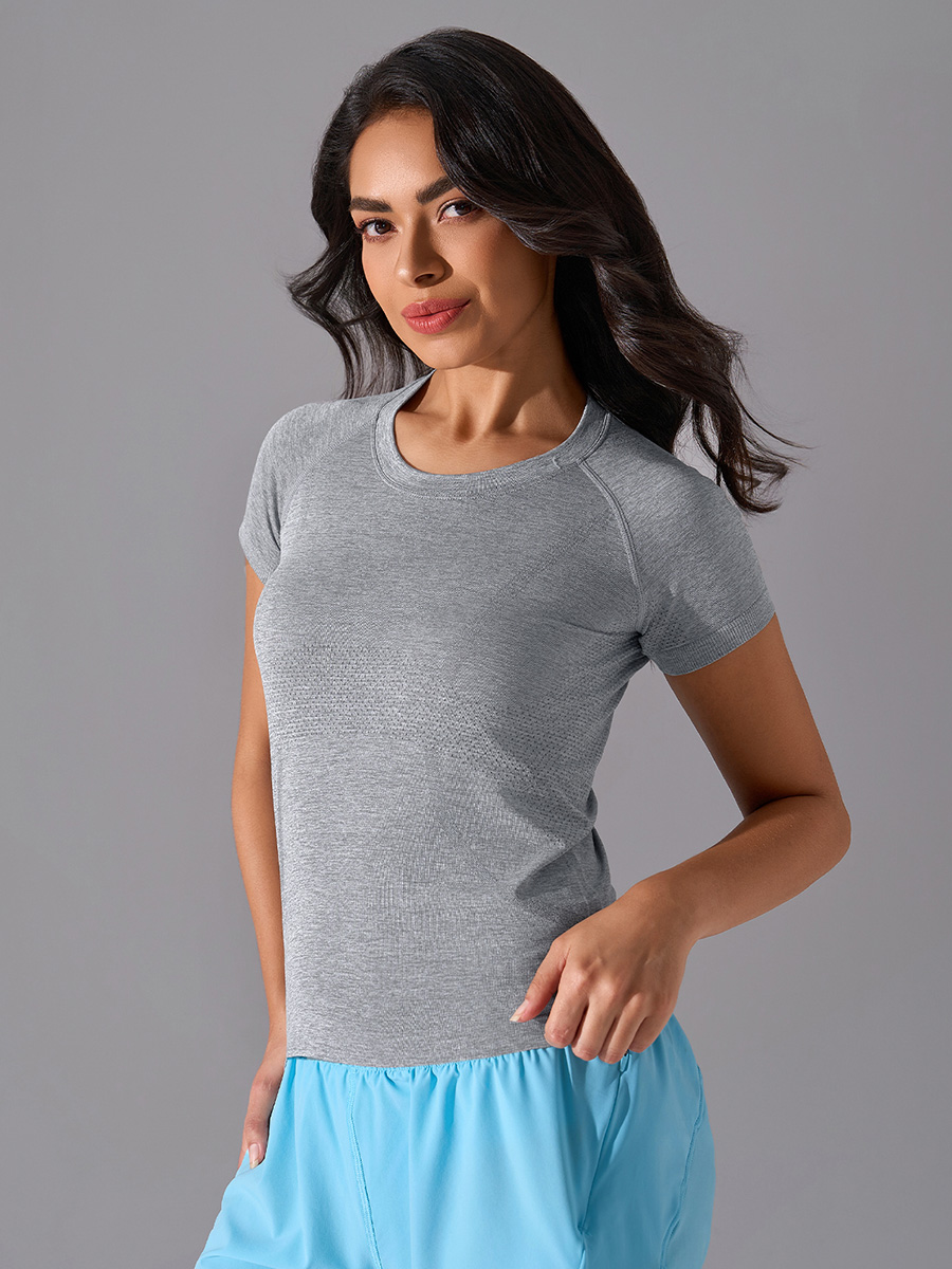 Women's Light Gray Short - Sleeve Seamless Workout Top, Breathable Athletic Shirt for Yoga & Fitness