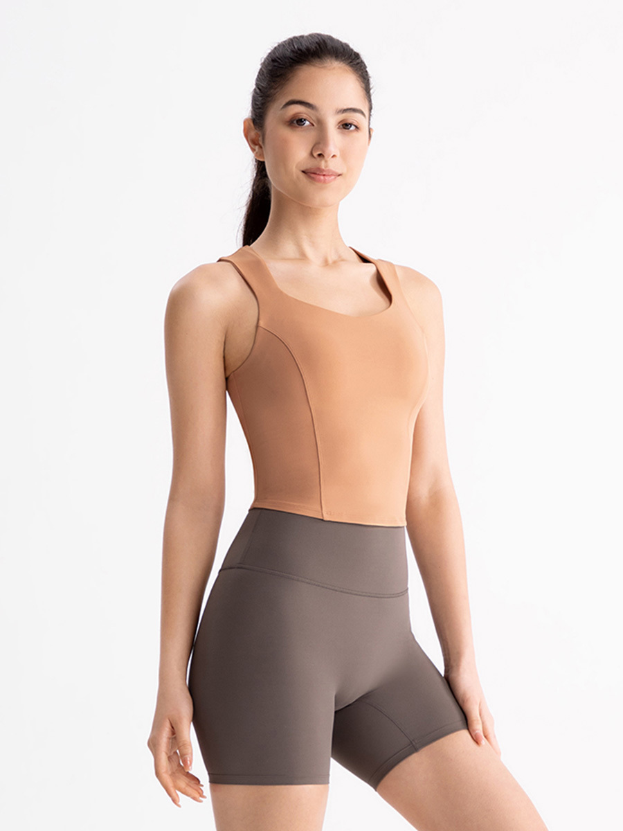 Women's Nude Brown Tank Top & Gray High-Waisted Biker Shorts Set, Naked-Feeling Shaping Activewear