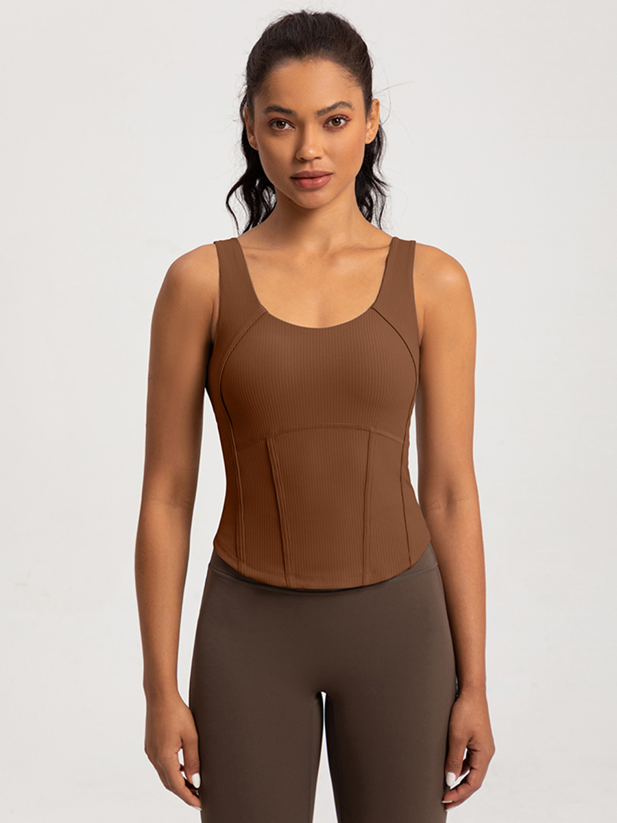 Women's Ribbed Corset - Style Workout Tank Top, Khaki Athletic Vest for Yoga & Fitness