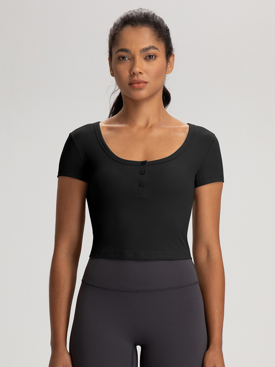 Women's Ribbed Crop Top - Square Neck Short Sleeve Button-Down Workout Shirt