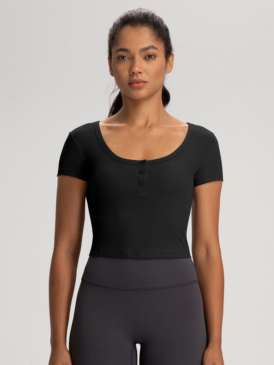 Women's Ribbed Crop Top - Square Neck Short Sleeve Button-Down Workout Shirt