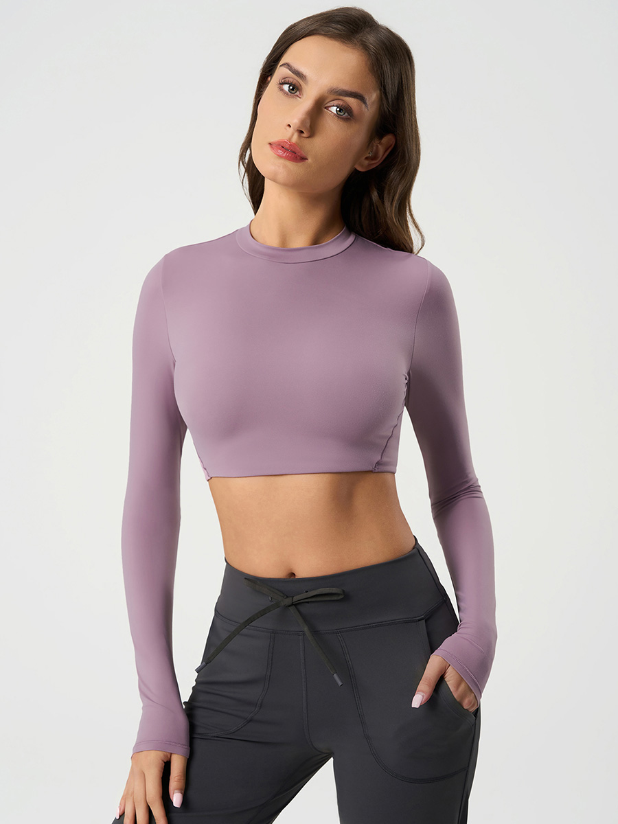 Women's Long Sleeve Crop Top, High Neck Workout Shirts, Slim Fit Athletic Yoga Top for Gym Running Fitness 