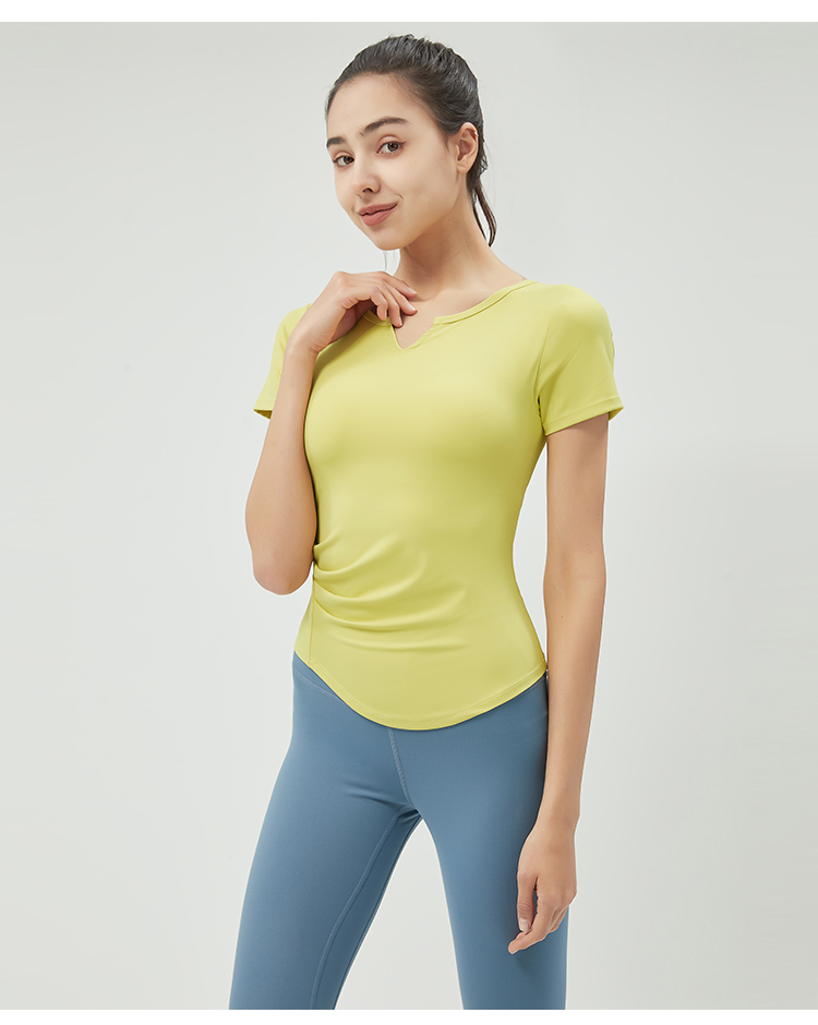 Women's Yellow Short - Sleeve V - Neck Yoga Top, Slim - Fit Workout Shirt