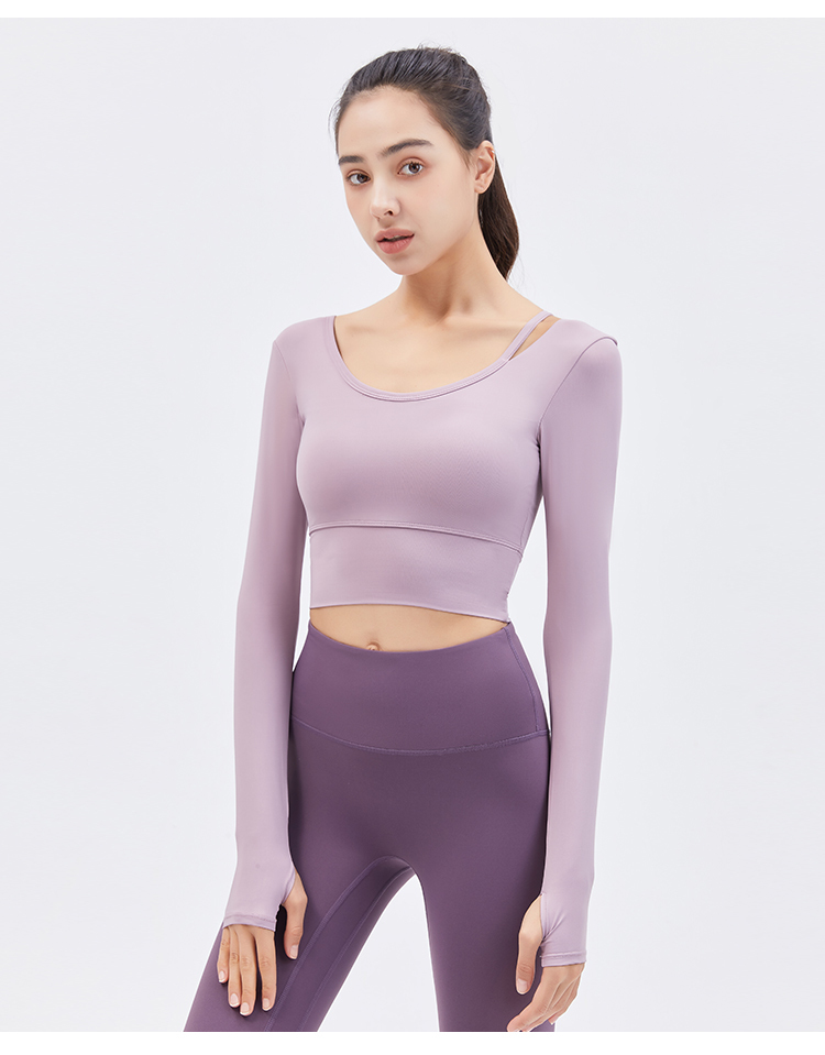 Women's Long Sleeve Yoga Crop Top - Asymmetrical Shoulder Strap Design - Light Brown - Perfect for Yoga and Workouts