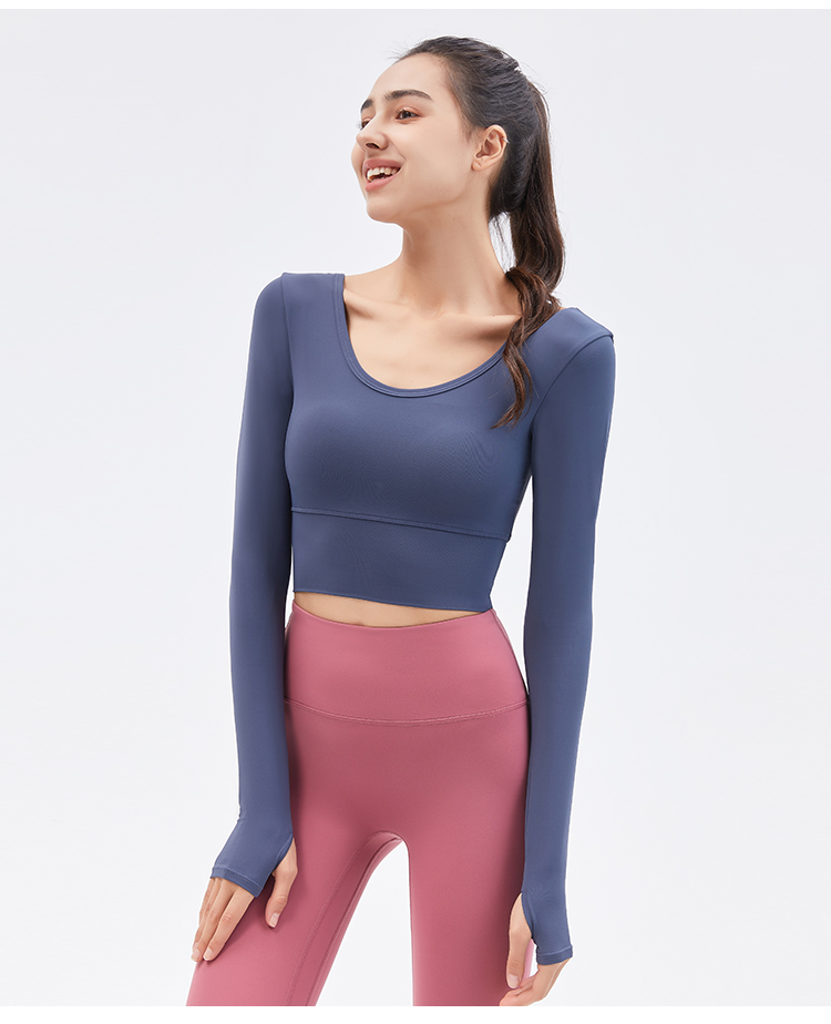 Women's Long Sleeve Yoga Crop Top - Asymmetrical Shoulder Strap Design - Light Brown - Perfect for Yoga and Workouts