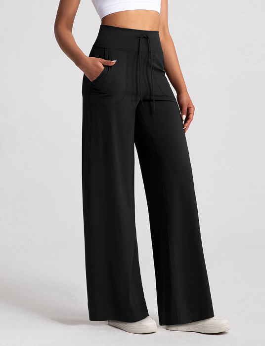 Women's Olive Green High - Waisted Wide - Leg Pants with Drawstring & Pockets