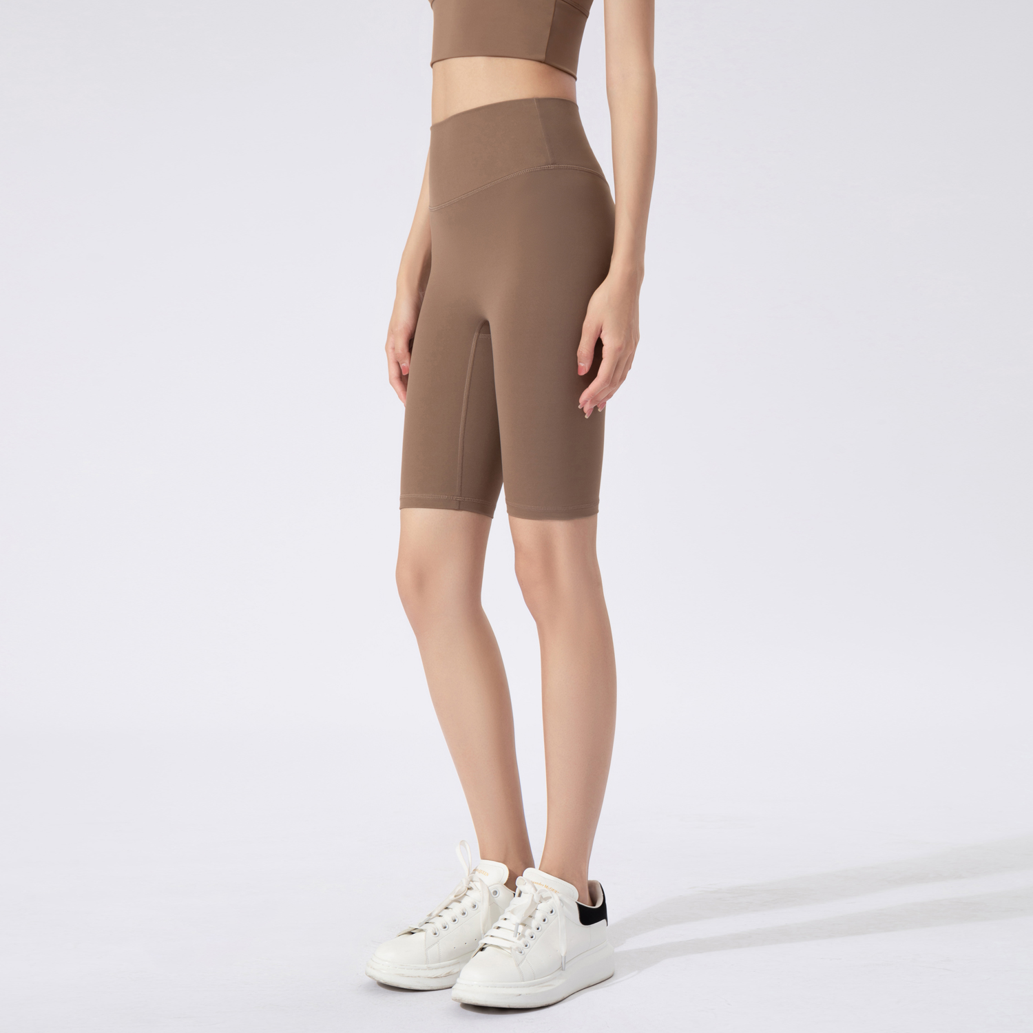 Women's Beige High - Waisted Biker Shorts, Yoga & Workout