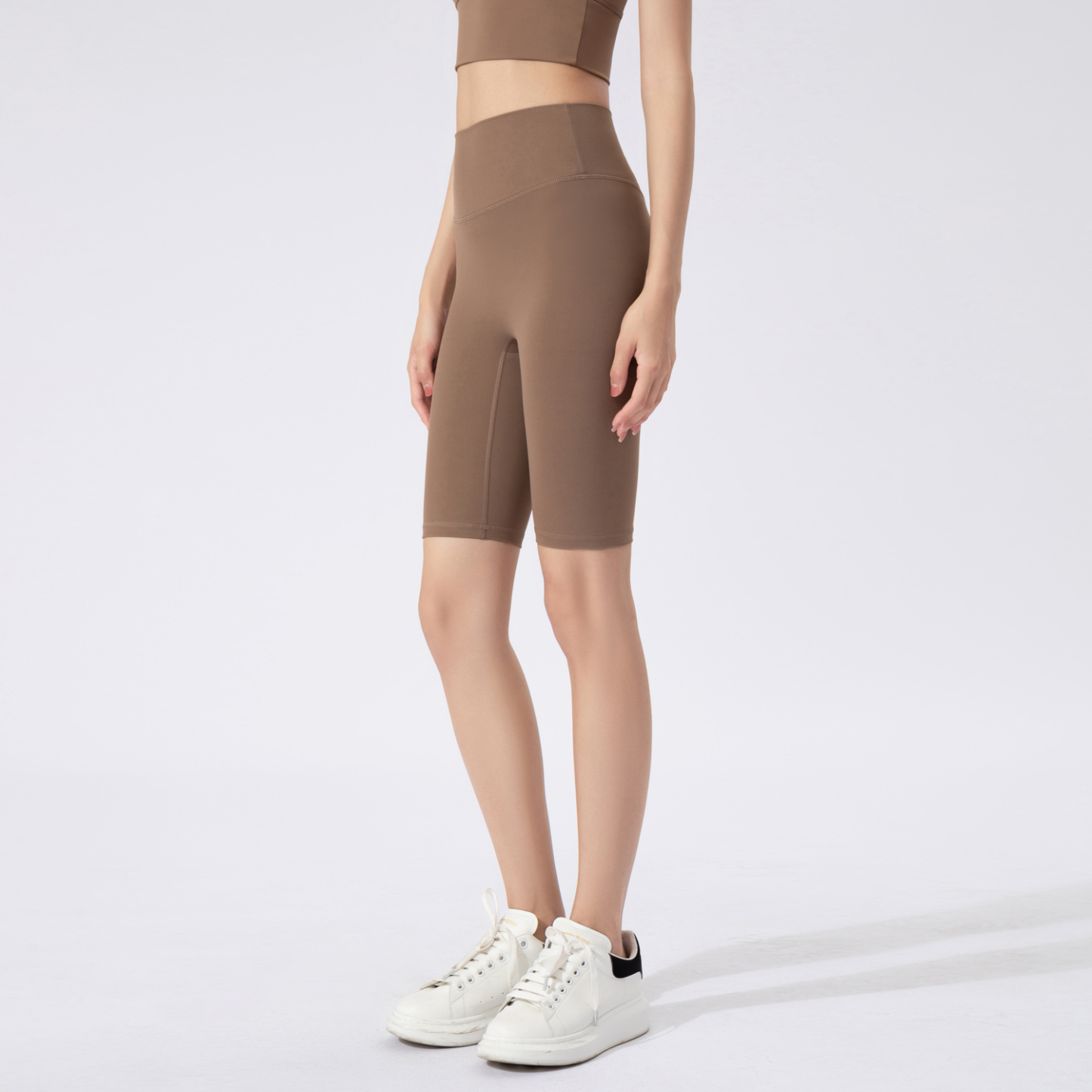 Women's Beige High - Waisted Biker Shorts, Yoga & Workout