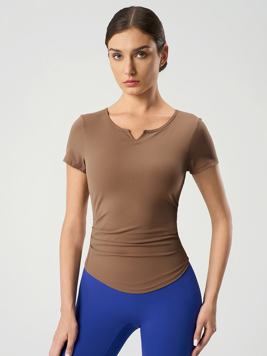 Women's Short Sleeve Notch Neck Yoga Top, Ribbed Slim Fit Workout Shirt for Gym, Pilates and Casual Wear