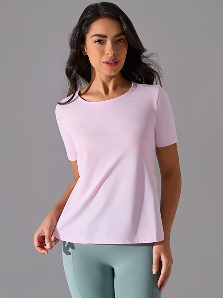 Women's Light Pink Short - Sleeve Crew Neck Workout Top, Breathable & Loose - Fit Yoga Shirt for Gym & Casual Wear