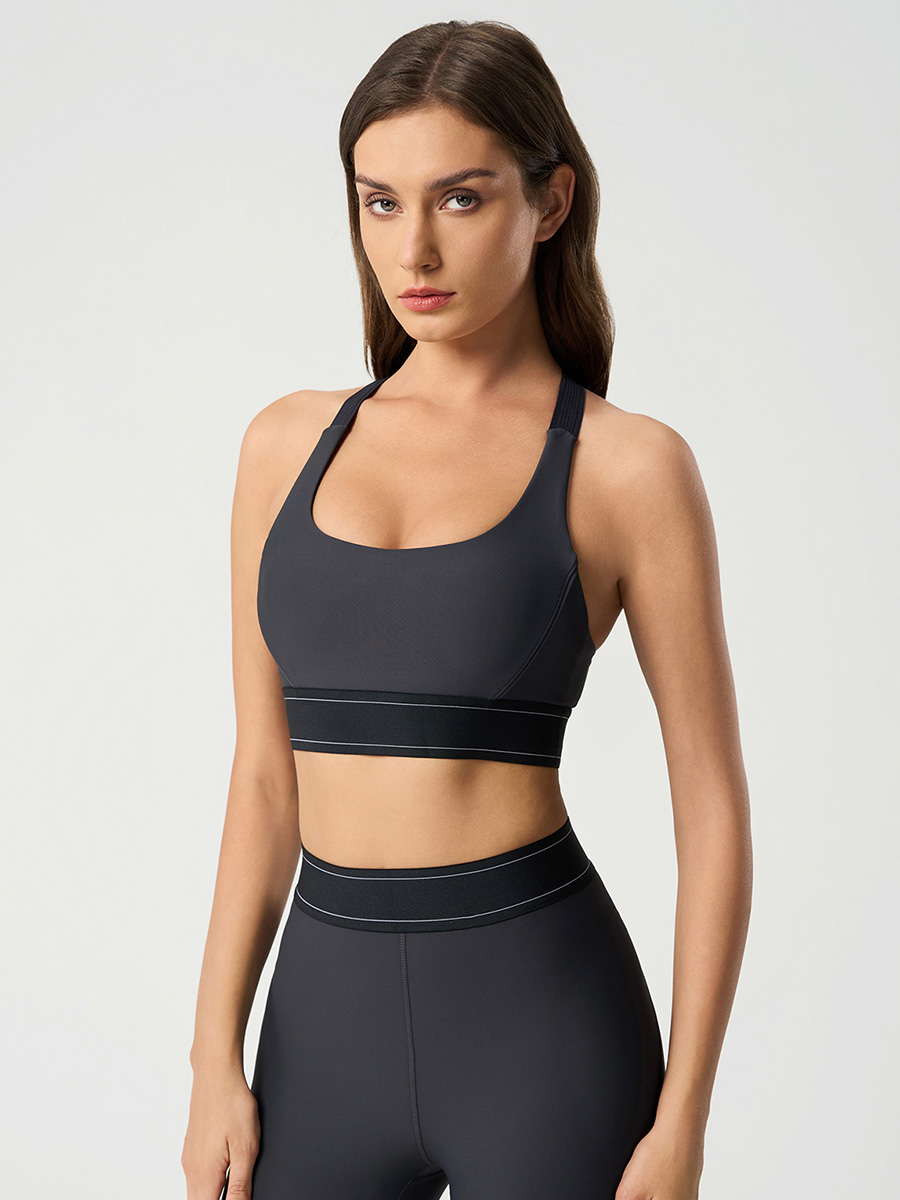 Women's White Sports Bra with Black Trim, Contrast - Strap High - Support Yoga Bra for Workouts