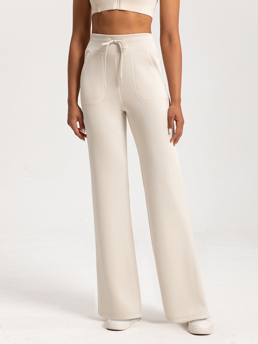 Women's High - Waisted Cream Wide - Leg Pants with Drawstring & Pockets