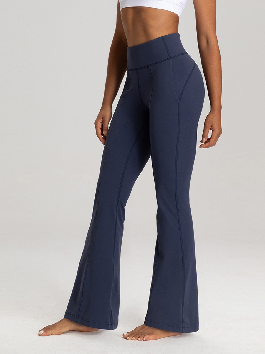 Women's High - Waisted Navy Blue Flare Yoga Pants with Pockets, Bootcut Leggings