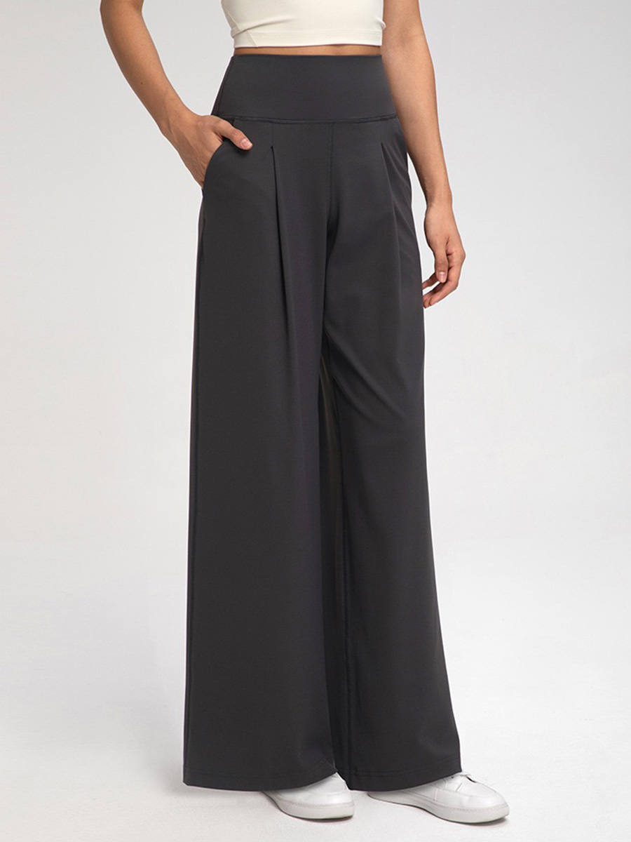 Women's High - Waisted Cream Wide - Leg Pants with Pockets, Loose Fit Trousers