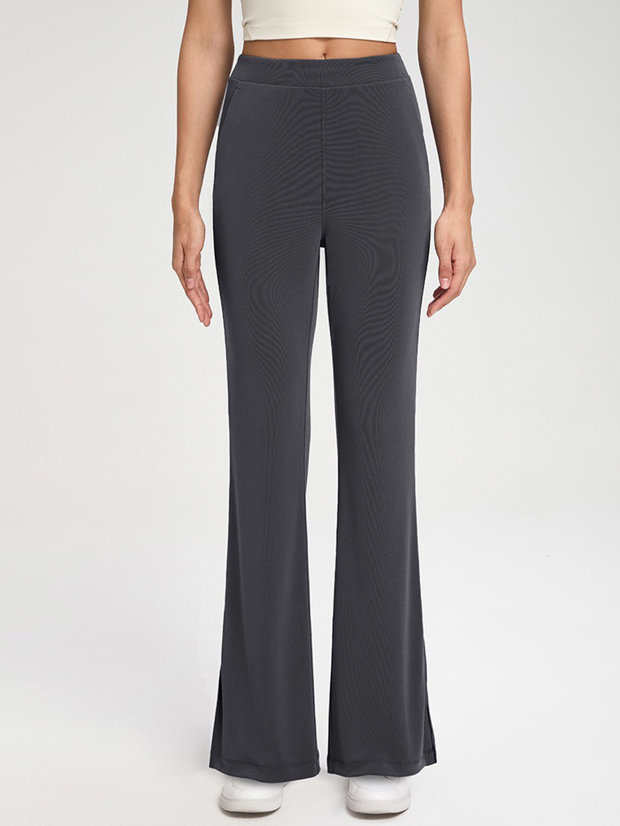 Women's High - Waisted Slate Blue Flare Yoga Pants with Side Slit, Bootcut Leggings