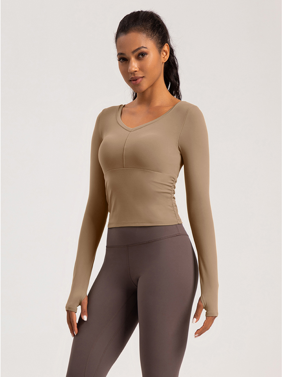 Women's Khaki V - Neck Long - Sleeve Cropped Workout Top, Athletic Yoga Shirt