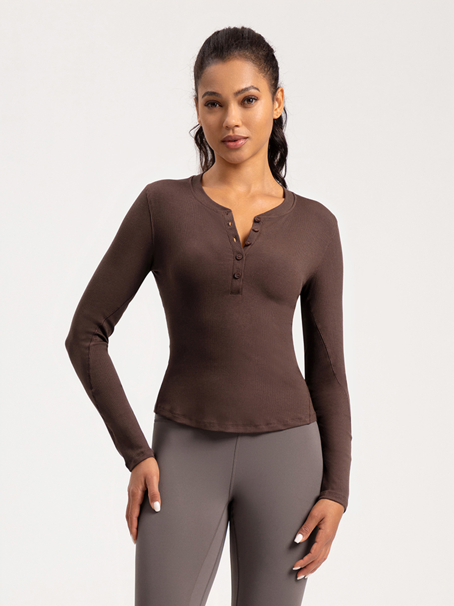 Women's White Ribbed Henley Neck Long - Sleeve Crop Top, Athletic Workout Shirt