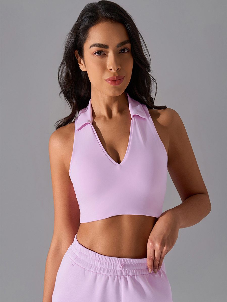 Women's Light Purple Polo Neck Sleeveless Sports Bra, Crop Top for Yoga & Golf