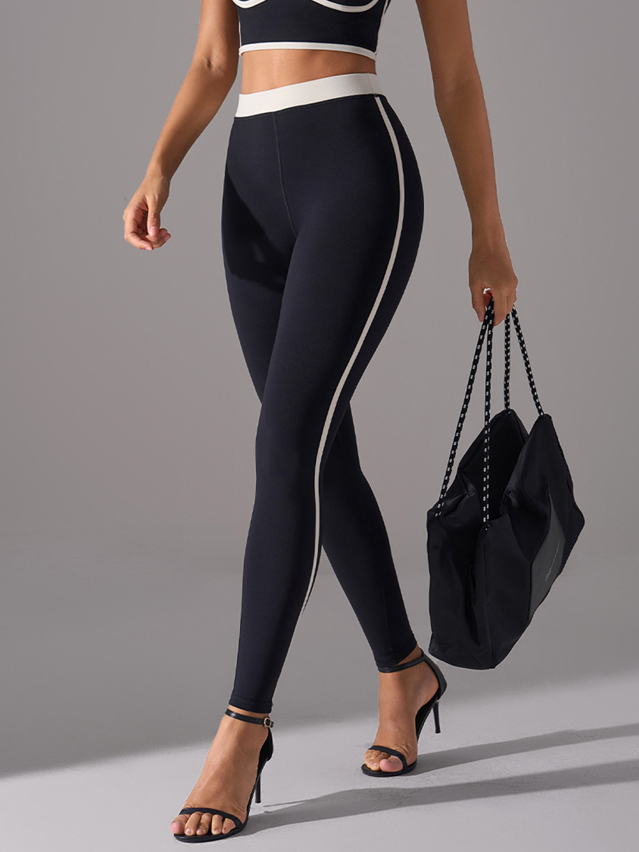 Women's High - Waisted Color - Blocked Yoga Leggings - Pink with White Stripe Athletic Workout Pants