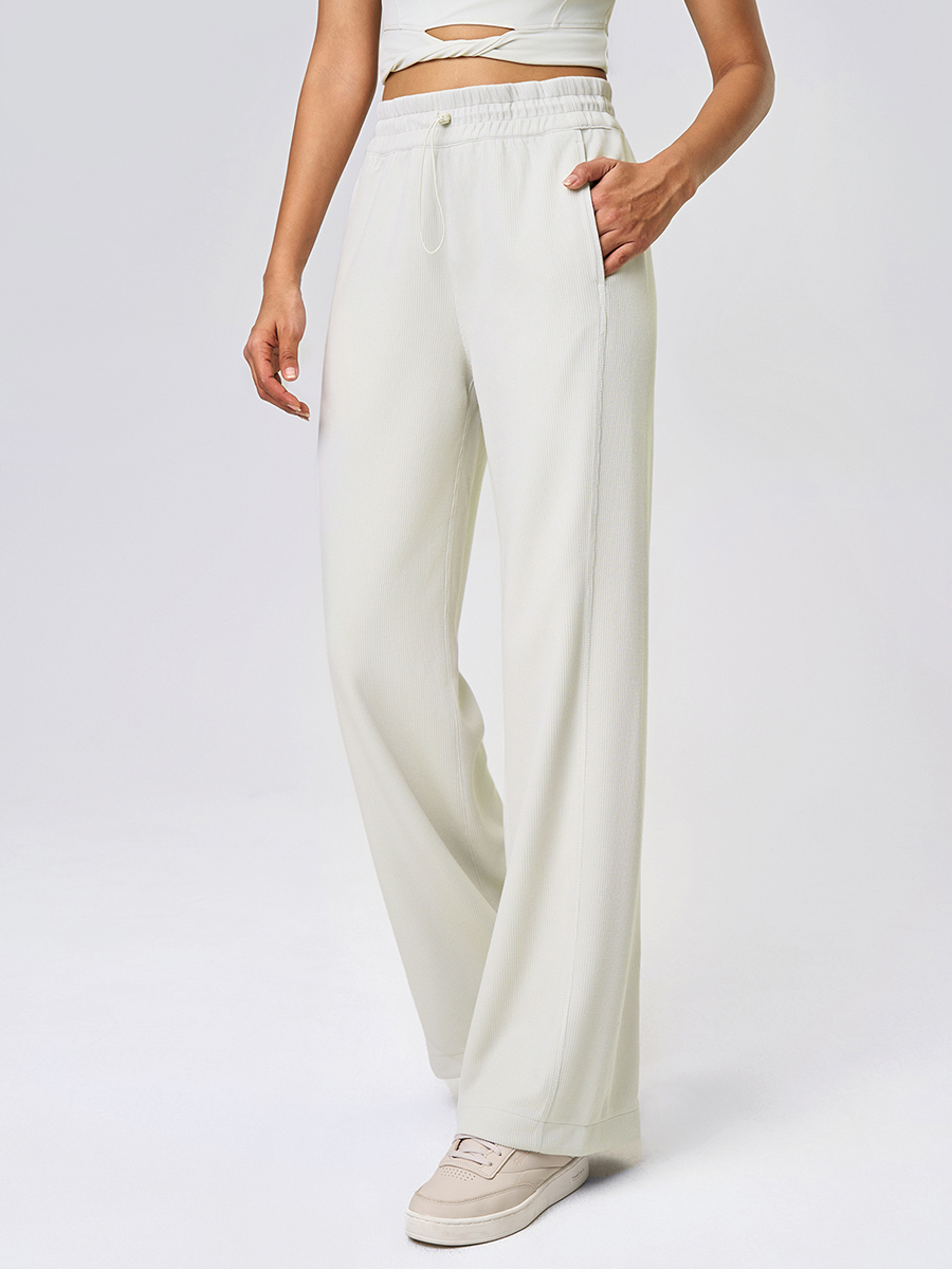 Women's High-Waisted Wide-Leg Corduroy Pants with Pockets - Green Elastic Waist Casual Lounge Trousers for Yoga, Running, and Daily Wear